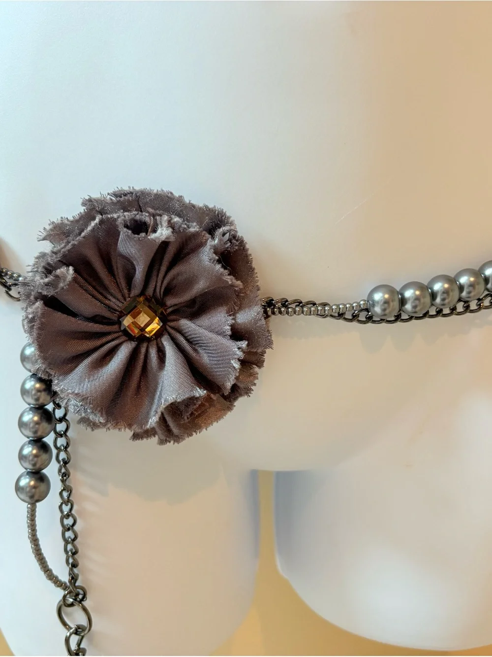 Belt or Necklace Floral Accent Multi-Strand Silver Pearls Amber Crystals Fabric